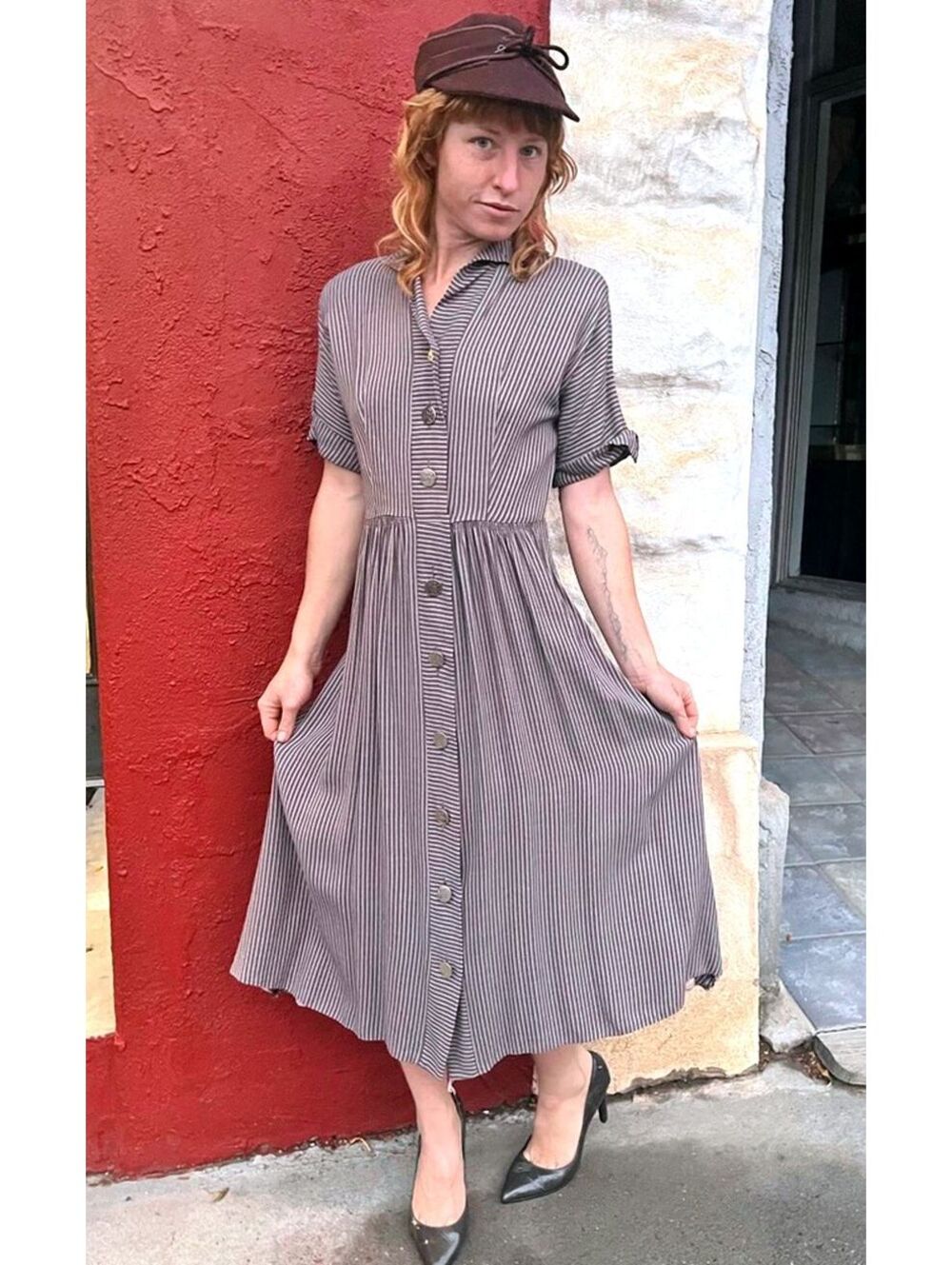Vintage 1950s Lily Artley Striped Shirtwaist Dress Cotton 28” Waist